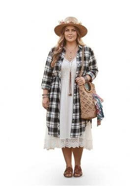 LANE BRYANT Flannel Plaid Shirtdress Black White Tie Waist Plus Size 22